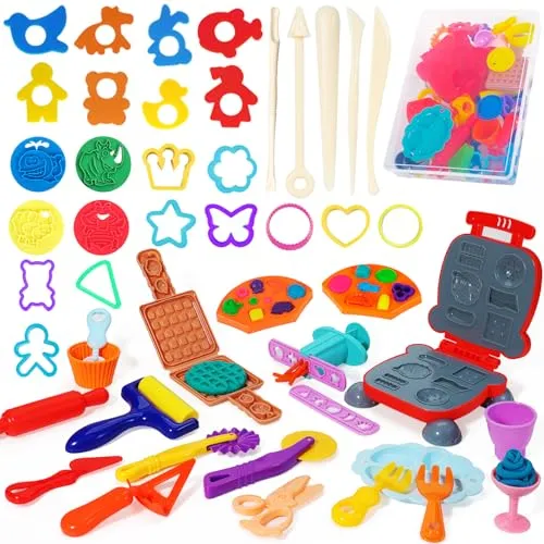 Jiosdo Knetwerkzeug, 48 Stück Knete Zubehör Kitchen Creations Burger Pasta Küchenspielset, Kinder Plastilin Werkzeuge Knete Ausstechformen, Lernspielzeug für Jungen Mädchen (mit Aufbewahrungsbox)