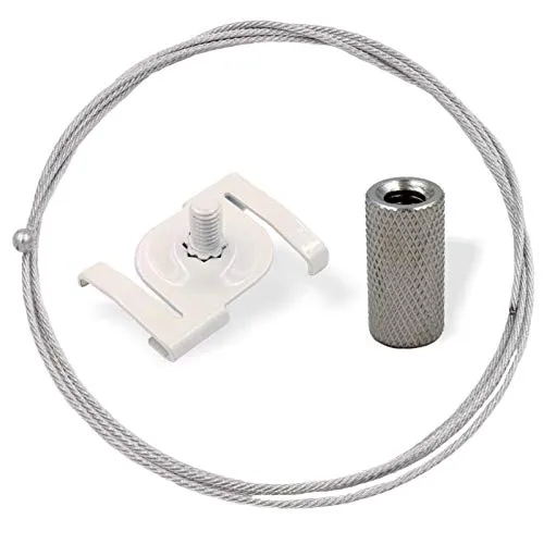 Abhängeset mit Deckenclip, Rasterdecken Clip, Klammern für Odenwalddecke weiß ohne Drahtseilhalter/Gripper | Deckenbefestiger, Schraubkappe, Deckenclip, Drahtseil Ø1,5mm, Länge 50000mm