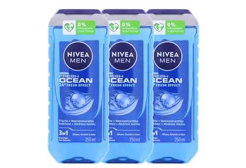 Nivea Duschgel 3 x NIVEA MEN Fresh Ocean Duschgel je 250ml 3in1 mit maritimem Duft