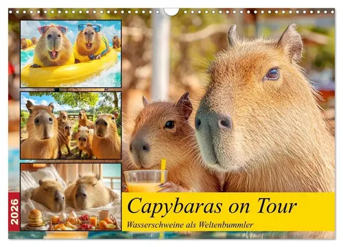 Capybaras on Tour - Wasserschweine als Weltenbummler (Wandkalender 2026) - Witziger Monatskalender mit knuffigen Wasserschweinen in Urlaubsszenen. Ideal für Tierliebhaber und als Geschenk. Größe: DIN A3 quer.