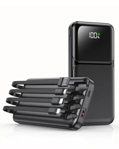 Produktbild Power Bank 15000mAh mit 4 Kabeln, Powerbank 22,5W PD20W USB-C Schnelllade-Externe Handyakku, Tragbares Ladegerät mit LED-Anzeige für iPhone Samsung Huawei Outdoor
