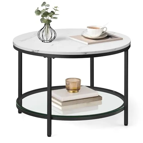 VASAGLE Couchtisch, Wohnzimmertisch, Sofatisch, für Wohnzimmer, mit Glasplatte, viel Stauraum, einfacher Aufbau, moderner Stil, marmorweiß-tintenschwarz LCT072W13