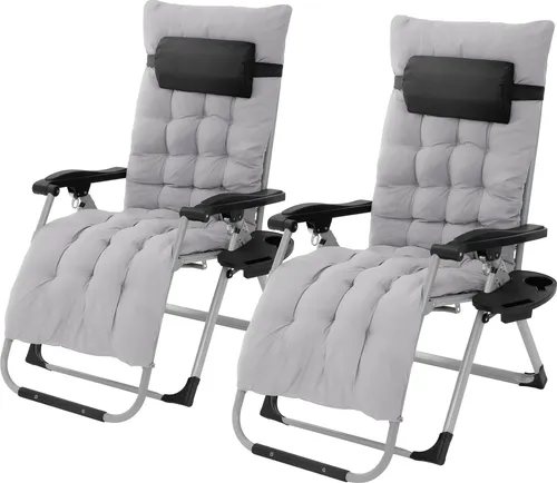 Hauki 2x Sonnenliege aus Metall, Grau, mit Polster, Nackenkissen & Getränkehalter