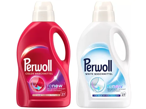 Perwoll Color & White Gel 2 x 27 WL - Waschmittel mit Dreifach-Renew-Technologie für bunte & weiße Wäsche. Reinigt sanft und erneuert Farben und Fasern, ideal für strahlende Ergebnisse.