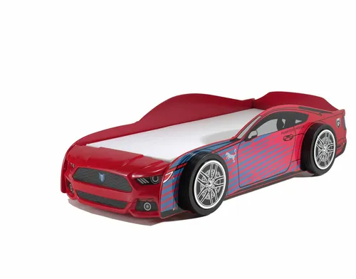 Autobett Kamala 227x111x60 – Kinderbett im Sportwagen-Design - Stylisches Autobett aus hochwertigem MDF in Rot mit 90x200 cm Liegefläche. Ideal für das Kinderzimmer, einfach aufzubauen und mit stabiler Konstruktion.
