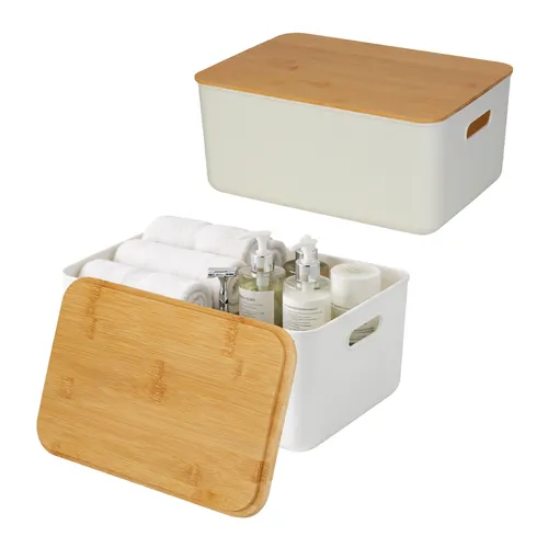 Relaxdays Aufbewahrungsbox, 2er Set aus Kunststoff und Bambus - Praktisches 2er Set Aufbewahrungsboxen mit Deckel und Griffen zur optimalen Ordnung in jedem Raum. Ideal für Kosmetik, Spielzeug und mehr. Maße: HBT 16 x 36 x 25 cm, in elegantem Weiß.