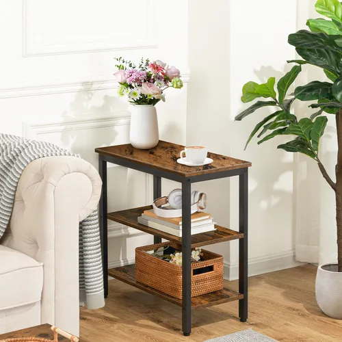 HOOBRO Beistelltisch im Industriestil - Vielseitiger Nachttisch mit 3 Ablagen, ideal für Wohnzimmer oder Schlafzimmer. Robuster Metallrahmen und rustikale Holzplatte sorgen für einen eleganten Vintage-Look.