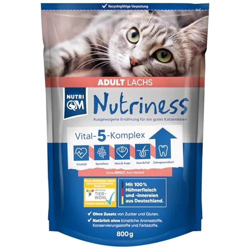 NutriQM® Katzenfutter Trocken Lachs [800 g] – Ohne Gluten & Zucker – Unterstützt Haut & Fell – Knuspriges Trockenfutter für ausgewachsene Katzen – Initiative Tierwohl Zertifiziert – Made in Germany