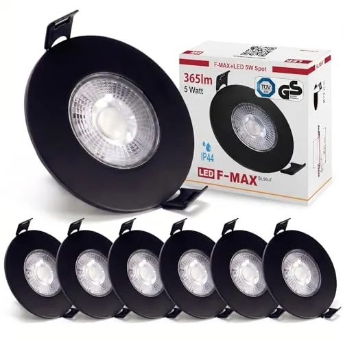 Maxkomfort FMAX 6x LED Bad Einbaustrahler 3-Step Dimmbar IP44 Ultraflach 5 Watt Schwarz 230V Rund Warmweiß Deckenstrahler Spot Deckenspot Badbeleuchtung Set