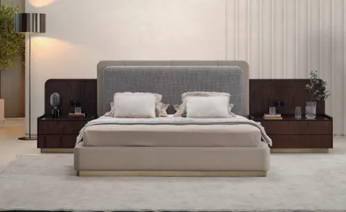 Luxus Schlafzimmer Set mit Bett und 2 Nachttischen - Elegantes 3-teiliges Set für Ihr Schlafzimmer: Modernes Bett und zwei stilvolle Nachttische in Braun aus Holz. Ideal für eine harmonische Raumgestaltung und praktischen Stauraum.