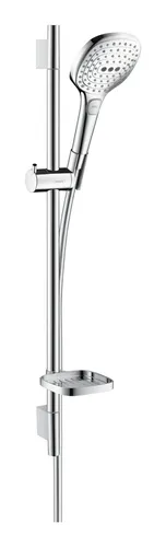 Hansgrohe Raindance Select E Brauseset 120 3jet EcoSmart - Brausen Set mit 3 Strahlarten, EcoSmart-Technologie für Wassersparen und eleganter Brausestange mit Seifenschale in Weiß/Chrom.