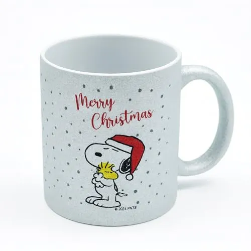 Peanuts Tasse | Snoopy Woodstock | kleine Geschenke für Frauen, Männer oder Kinder | Weihnachten | Kaffeetasse | Teetasse | 330 ml | Merry Christmas (silber Glitzer, 330 ml, Weihnachten)
