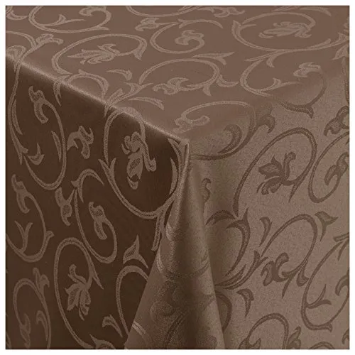 Tischdecke Damast Stoff Barock Tulpen Tischtuch Bügelarm eckig 130x220 cm in Braun mit umgenähtem Rand Premium Qualität