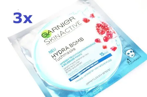 Garnier Hydra Bomb Tuchmaske, Gesichtsmaske Hyaluronsäure, 3er Pack Granatapfel - Gesichtsmasken mit intensiver Feuchtigkeit durch Hyaluronsäure, ideal für strahlende und erfrischte Haut.