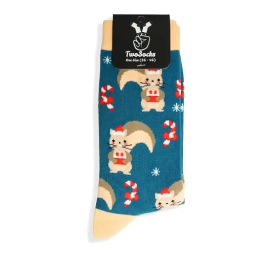 TwoSocks Weihnachtsmann Socken Herren & Damen lustige und witzige Strümpfe als Geschenk, Baumwolle, Einheitsgröße (Weihnachtseichhörnchen)