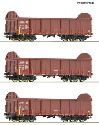 Roco 6600131 H0 3er-Set Offene Güterwagen der DB AG - Güterwagen Set mit drei 4-achsigen Ealos-t Wagen der Deutschen Bahn, ideal für realistische Modelleisenbahn-Layouts.