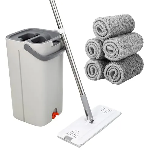 Wischmopp Set Mit Eimer, 2-in-1 Putzeimer Mit Wischmop, Mop Set mit 5 waschbaren Mikrofaser Pads und verstellbarem Edelstahlgriff, Putzeimer Mit Wischmop geeignet für Holzböden, Fliesenreinigung, weiß