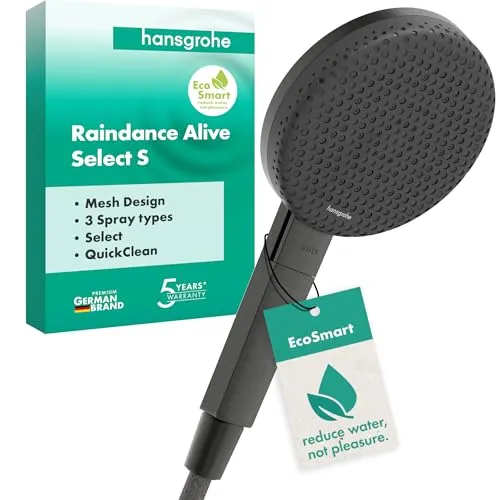 hansgrohe Raindance Alive Select S - EcoSmart Duschkopf mit 3 Strahlarten - Handbrause mit 7,1 l/min Durchfluss, bietet ultimativen Duschkomfort mit PowderRain und Antikalk-Funktion. Zeitloses Design in Brushed Black Chrome.
