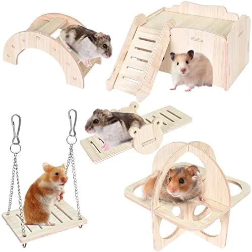Colexy 5 Stück Hamster Spielzeug, Hamster Versteck Haus, Naturholz Hamster Kauspielzeug Set, Hamster Wippe Hamster Spielzeug Aus Holz Schaukel, Molarspielzeug Zwerghamster Zubehör für Rennmäuse Ratten