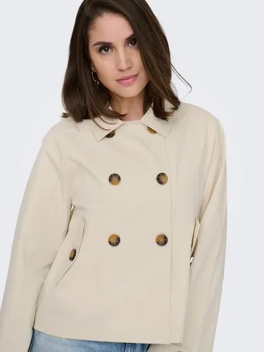 ONLY Übergangsjacke in Beige - L - Stilvolle Übergangsjacke mit Reverskragen und doppelreihigen Knöpfen. Praktische Pattentaschen und Riegel am Ärmelabschluss sorgen für Funktionalität. Hergestellt aus 65% recyceltem Material, ideal für modebewusste Umweltschützer.