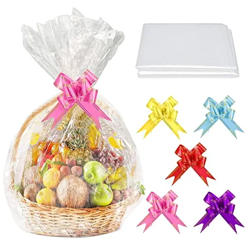 SelfTek Große Geschenkfolie Transparent Cellophantüten, 20 Stück Cellophanfolie 58 x 85cm, Durchsichtiges Geschenkfolie Mit 20 Zugschleifen für Geschenke Körbe, Blumen, Hochzeit