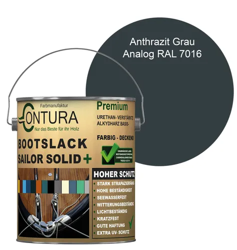 Contura Bootslack 2,5Liter Farbig Glänzend Yacht- Buntlack Metall Holz GFK Holzlack Schiffslack RAL Boot - Anthrazitgrau - RAL 7016 Analog