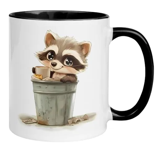 Waschbär Tasse süß | Lustige Tier Tasse mit Waschbär im Mülleimer Motiv | Witziger Kaffeebecher für Büro Zuhause Frühstück | Geschenkidee für Frauen Männer Kinder Tierfreunde | Niedlicher Panda Becher