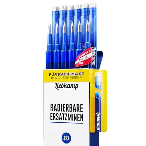 LIEBKAMP Radierbare Ersatzmine blau 0,7mm [12 Stk] Für Radierbarer Kugelschreiber, Tintenroller Radierbar, Radierstift, Erasable Pen, Gelschreiber Radierbar
