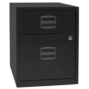 Bisley-Home Rollcontainer PFA, schwarz - Büroschrank mit 1 abschließbarem Schub und Hängeregistratur, ideal für sichere Ablage und Mobilität dank 4 Lenkrollen. Aus robustem Metall für langanhaltende Nutzung.