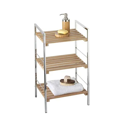 axentia Standregal Bonja braun, Badschrank aus Bambus mit verchromtem Edelstahlgestell, Schrank mit 3 Ebenen, Maße: ca. 39 x 65 x 33 cm