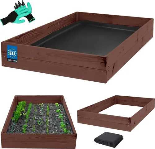 KOTARBAU® Tiefbeet Blumenkasten aus Holz 120x80x18cm Imprägniert Pflanzkästen Braun Hochbeet Kräuterbeete Pflanzkübel Anzuchtbeet Hochbeete für garten Gemüsezucht Gemüsekiste + Handschuhe mit Krallen