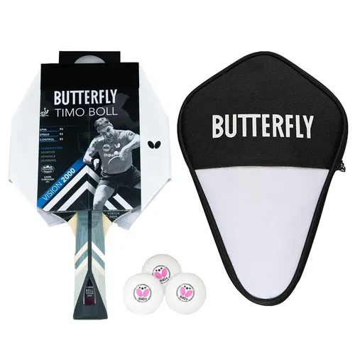 Butterfly Timo Boll Vision 2000 Tischtennisschläger mit Hülle und Bällen - Komplettschläger für Allround-Spieler, anatomischer Griff und inklusive 3 Bällen – ideal für den perfekten Einstieg ins Tischtennis!
