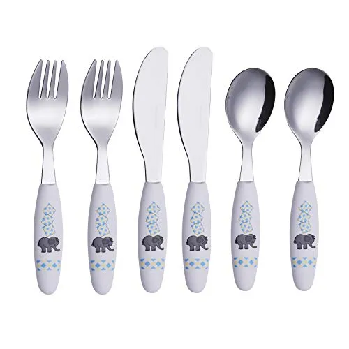EXZACT Kinderbesteck 6 teiliges Edelstahl - Spülmaschinengeeignet -Kinderbesteckset ab 2 Jahre - 2 x Gabeln, 2 x Sicherheitsmesser, 2 x Esslöffel (Elefant x 6)