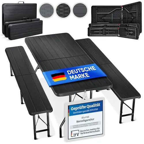 Blumtal Bierzeltgarnitur 3er Set - Klappbar und Tragbar für 8 Personen - Esssets für die Terrasse - Platzsparend, wetterfest und ideal für Gartenpartys oder Camping. Mit Tragegriffen für einfachen Transport und Anti-Klappschutz für sichere Nutzung.