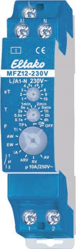 Eltako MFZ12230V Multifunktions-Zeitrelais - Steckdosen- & Schalterteile, vielseitig einsetzbares Zeitrelais mit einstellbaren Zeiten von 0,1 Sekunde bis 40 Stunden und nur 0,4 Watt Stand-by-Verlust.
