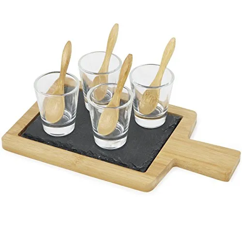 com-four® 9-teiliges Vorspeisen Set, Amuse Gueule Set aus Tablett mit Schieferplatte, Gläser und Löffel (09-tlg - Amuse Gueule Set)