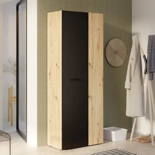 FORTE NET106 Schrank 70 180 - Kleiderschrank mit 2 Türen, modernes Design in Artisan Eiche mit Schwarz, platzsparend und ideal für Schlafzimmer, Flure oder Büros. Aus nachhaltigen Materialien und mit Soft-Close-Scharnieren für leises Schließen.