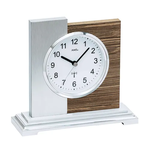 AMS 5149 Funk-Tischuhr - Modernes Design in Silber und Nussbaum - Tischuhren: Stilvolle AMS 5149 Funk-Tischuhr mit Holzdekor und Aluminium-Auflage, präzise Zeitangabe und elegantes Design für jedes Zuhause.
