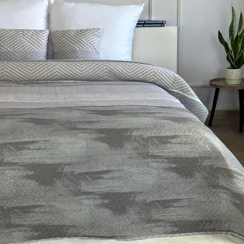 Euromat Tagesdecke Steppdecke Bettüberwurf Gesteppte Tagesdecke mit 2 Kissenbezüge 40x40 cm- (Grau- SY-6841, 180X220 cm)
