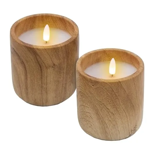 Spetebo LED Kerze im Keramik Becher mit Holz Optik 10 x 9 cm - 2er Set - Dekokerze Batterie betrieben mit Timer Funktion - Deko Stimmungslicht künstliche Flamme mit Flacker Effekt für Innen