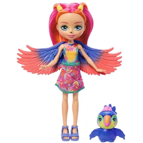 Enchantimals Puppen, Sunshine Beach Trippi Toucan Puppe und Tierfreund Canopy, kleine Puppe mit abnehmbarem Rock und Zubehör, Geschenk für Kinder, HRX83