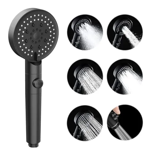 GEFIRE Wassersparender Duschkopf mit 5 Funktionen und Anti-Verstopfungsdüse - Ein/Aus-Pausenschalter, Universal-Handbrause (Schwarz)