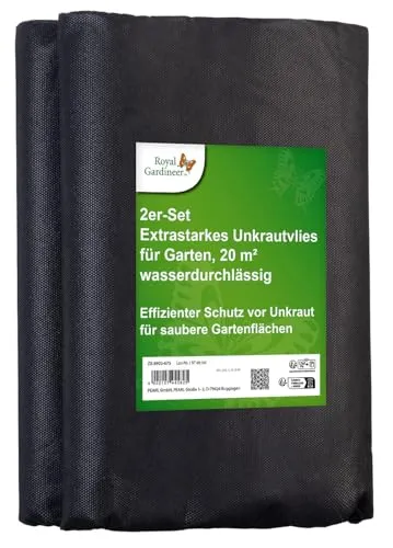Royal Gardineer Unkrautvlies Gartenvlies: Extrastarkes Unkrautvlies für Garten, 20 m² (2 x 10m²), wasserdurchl. (Gartenvliese, Unkrautfolien, Gewächshaus)