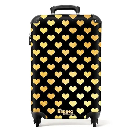 NoBoringSuitcases.com Handgepäck Koffer - Herzen Schwarz-Golden - Handgepäck Koffer 55x40x20 cm, leicht mit nur 2,6 kg und robustem ABS-Material. Integriertes Zahlenschloss sorgt für Sicherheit auf Reisen.