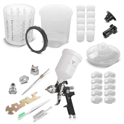 STAHLWERK HVLP Lackierpistole SG-600 ST mit 25 Mischbechern - Professionelle Lackierpistole für exakte Ergebnisse. Mit HVLP-Technologie für Materialeinsparung und perfektes Finish. Ideal für verschiedene Lacktypen, kompakt und leicht für optimalen Arbeitskomfort.