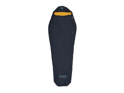Tambu Neel blau Mumienschlafsack - Synthetikschlafsäcke - Leichter, PFC-freier Schlafsack aus recyceltem Material, ideal für Sommernächte mit Komfort-Temperatur von 13°C und praktischer Aufbewahrungstasche.