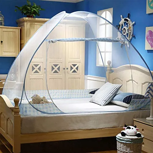 Digead Moskitonetz Bett,Faltbares Bett-Moskitonetz, Tragbares Reise-moskitonetz, Doppeltür-Moskito-Campingzelt,150 × 200 cm-Blauer Rand