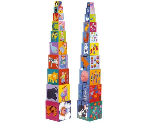 DJECO Stapelturm – 10 vielseitige Würfel mit tollen Motiven - Stapelspiele für Kinder ab 1 Jahr, fördert Feinmotorik und Kreativität mit stabilen Würfeln, die Geschichten erzählen und im Kinderzimmer glänzen.