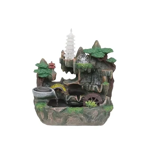 Zimmerbrunnen mit LED Beleuchtung & Glaskugel in Bruchoptik Wasserfall Brunnen Indoor & Outdoor Polyresin Steinoptik Tischbrunnen mit Pumpe Zen Deko Wohnzimmer, Büro, Balkon & Garten 33 x 35 x 21 cm