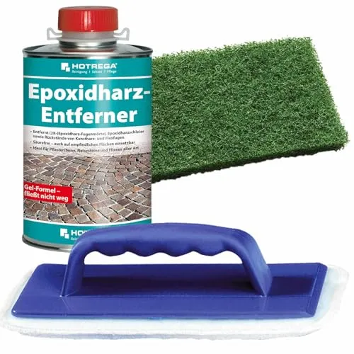 HOTREGA Epoxidharz Entferner Gel - Spezialreiniger für Fugen - Fugenreiniger mit säurefreier Formel, ideal für empfindliche Oberflächen. Entfernt mühelos Epoxidharz-Rückstände und reinigt bis zu 20m² pro Liter. Inklusive Handpad und Halter für einfache Anwendung.